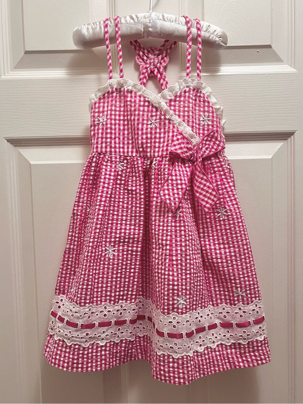 Gingham Sun Dress with Eyelet Lace Trim Pink White Size 3T